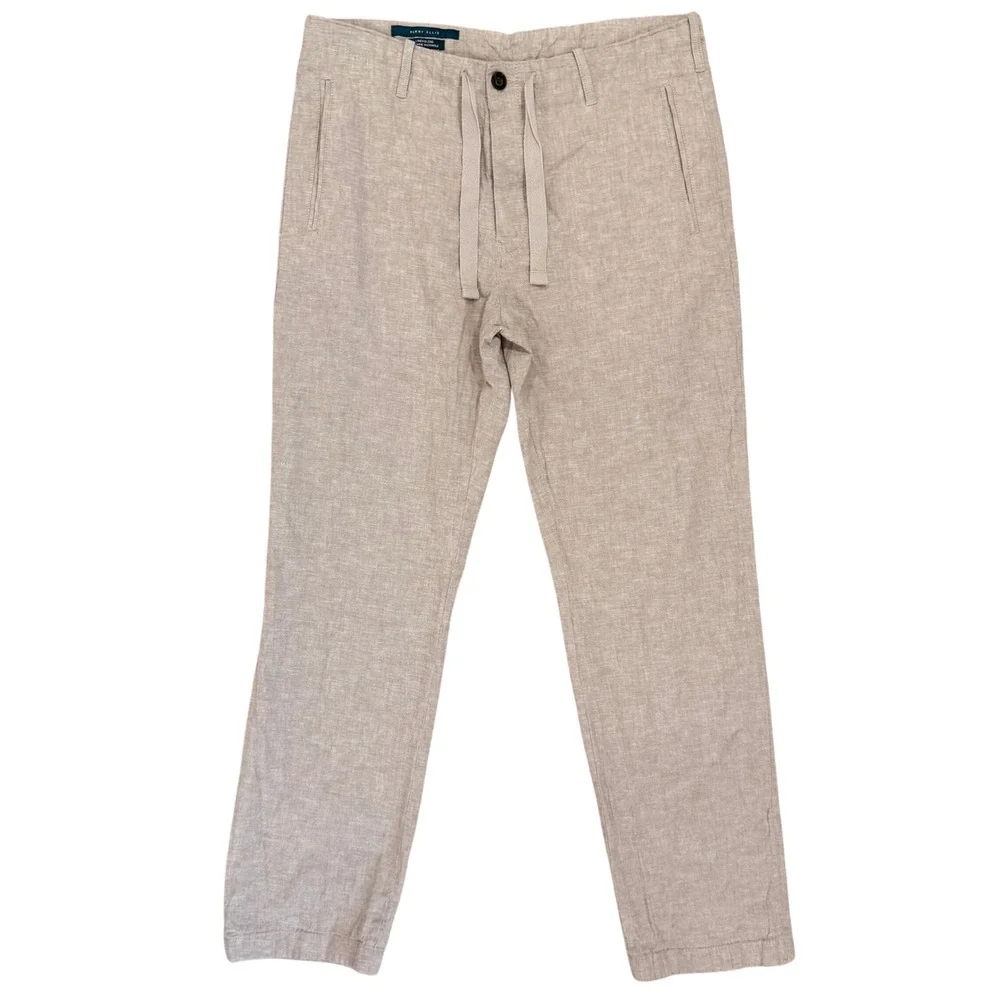 Perry Ellis Linen Blend Pants Mens 32x32 Beige Drawstring Casual Trousers